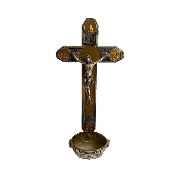Holy Water Font Cross Brass 2-Tone Metal Christianity Vintage Catholic - Picture 1 of 7